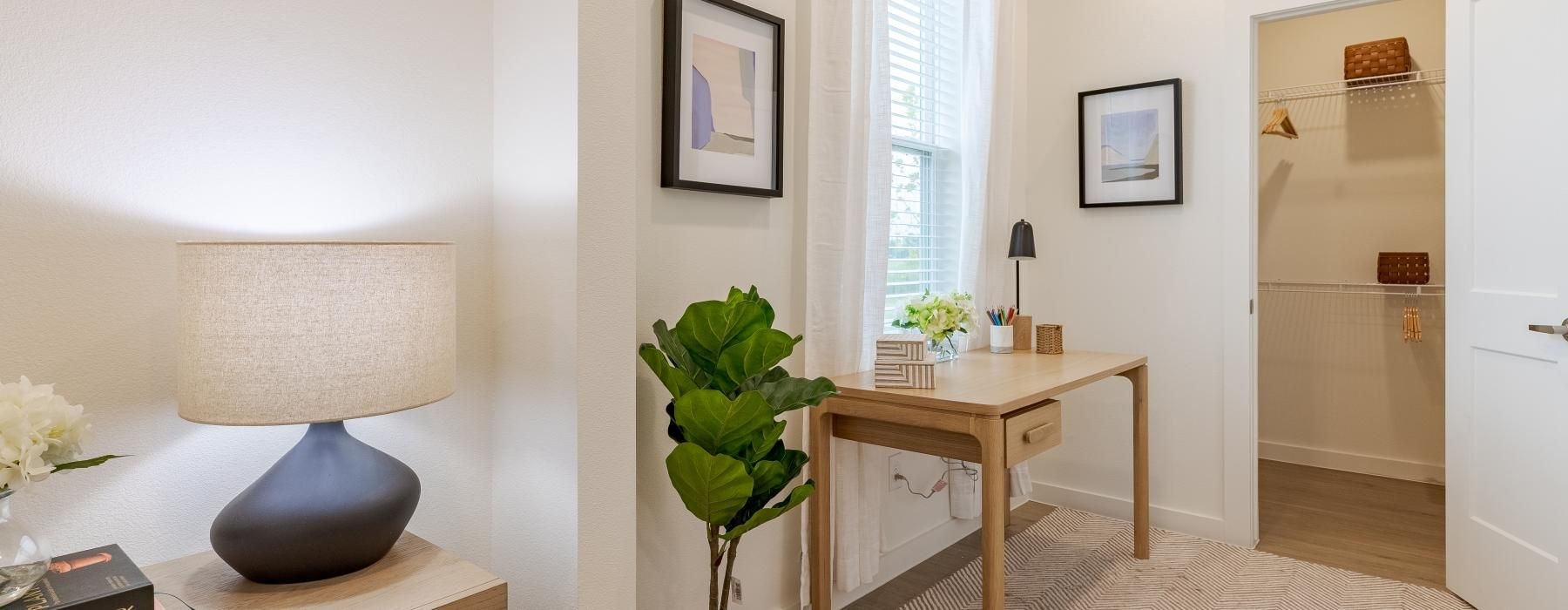 a room with a table and a lamp and a plant